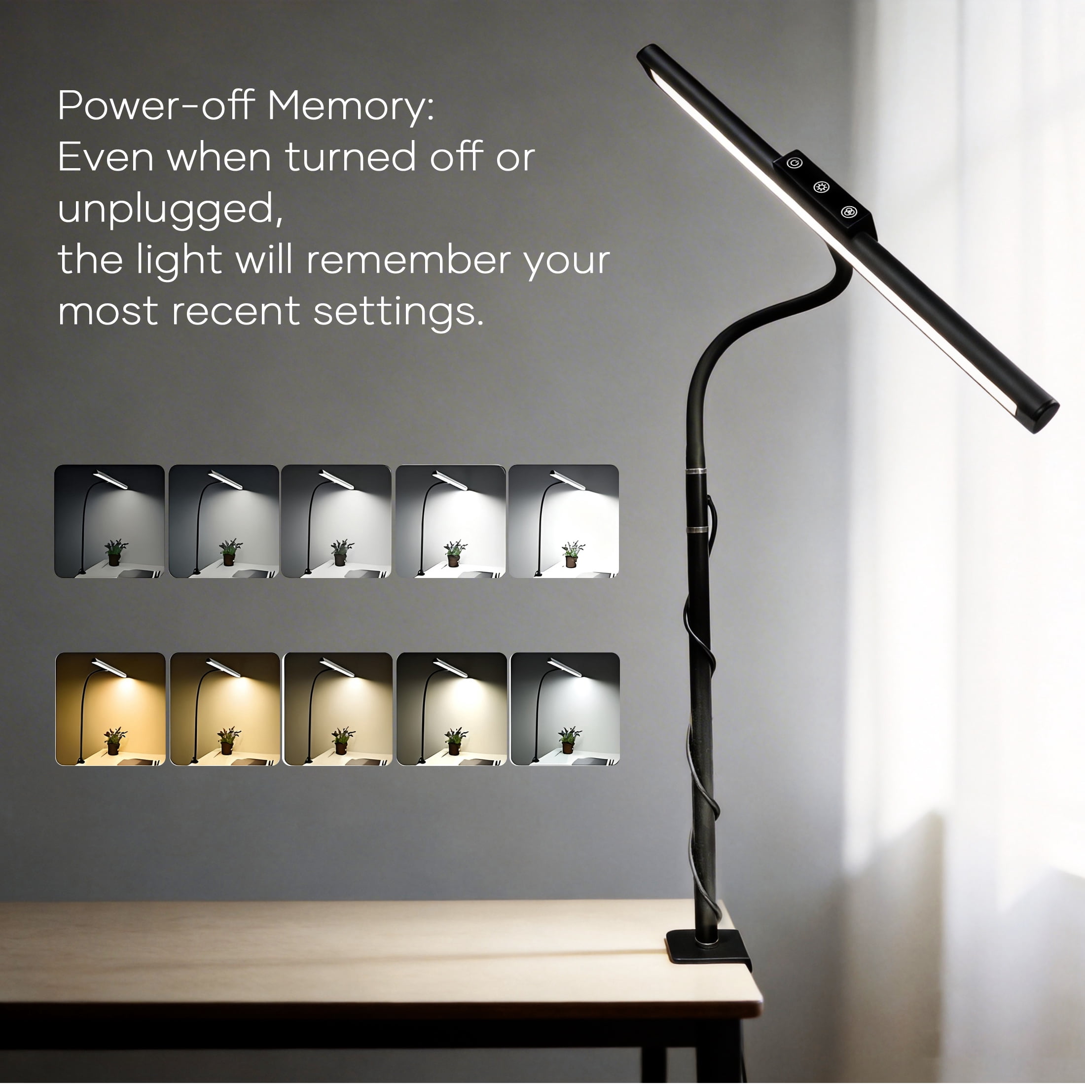 ORFELD LED Desk Lamp with Clamp, Stepless Dimming, Flexible Gooseneck for Office & Home, 8W USB Adapter Desk Light for Reading Study Workbench, Black