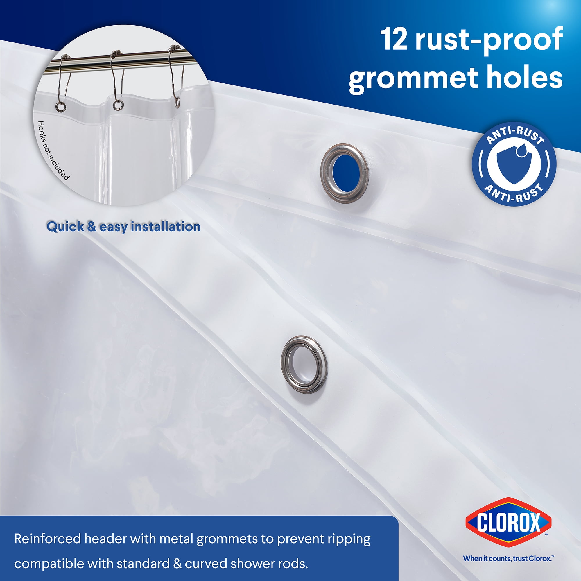 Clorox Shower Curtain Liner Heavyweight Waterproof PEVA with Metal Grommets 72" x 72" Clear