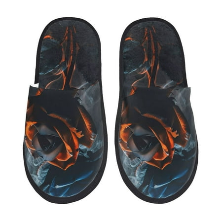 Balery Blue and Red Roses Artwork Slient Indoor Furry Fleece Comfort House Shoes Soft Non-Slip Home Shoes Cotton slippers House Slippers-- Medium