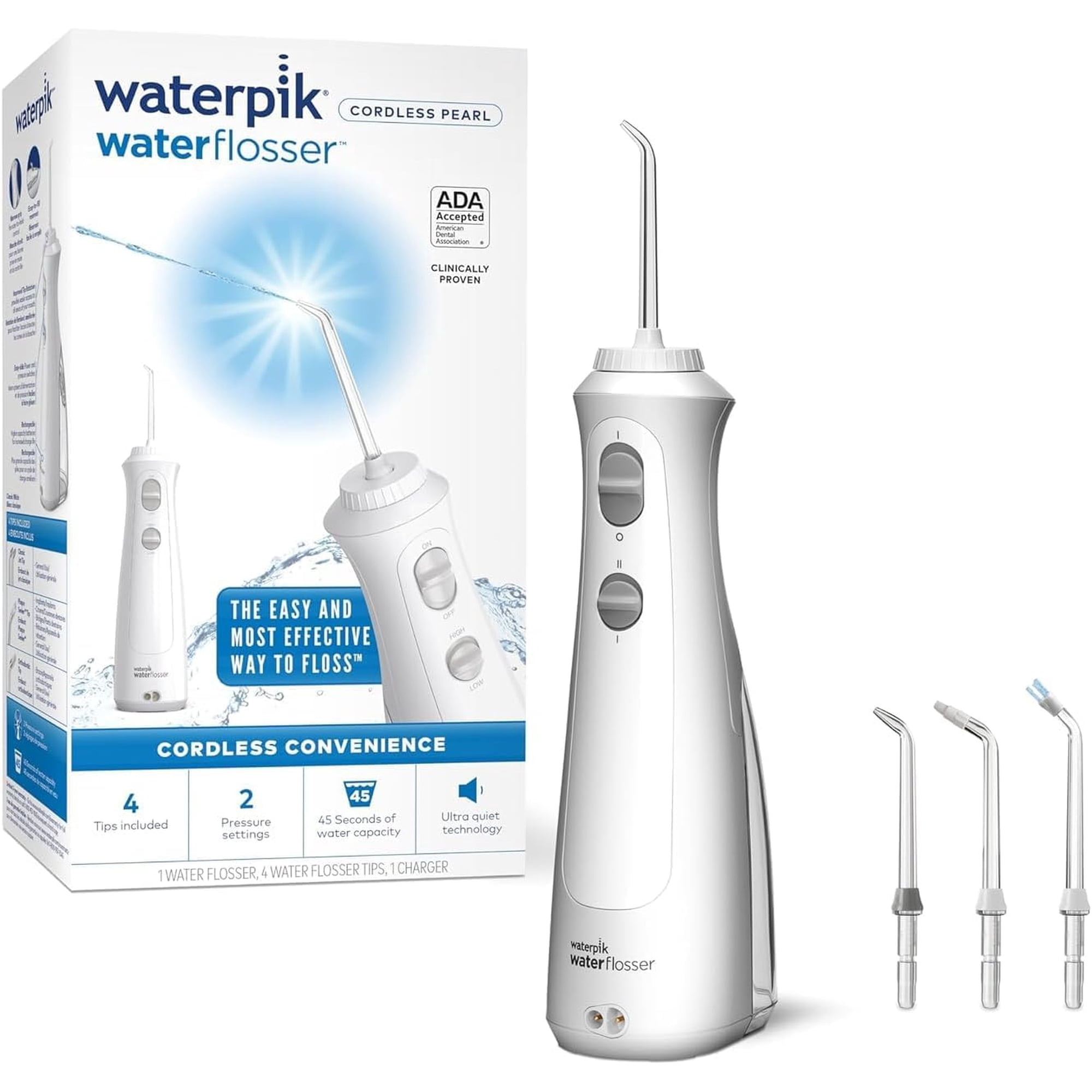 Waterpik Water Flosser Cordless Pearl, Plaque remover for teeth, White