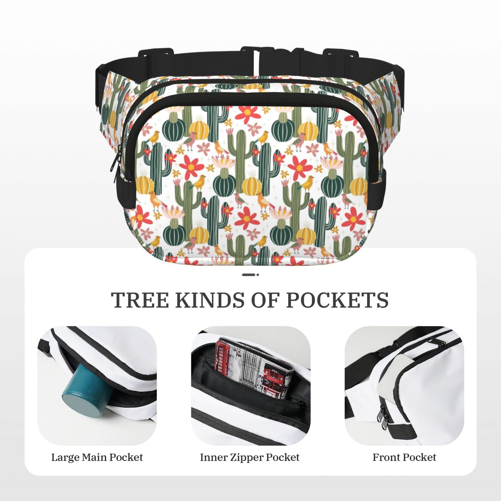 Picia Summer Cactus With Blooming Print Square Double-Layer Waist Bag Mini Adjustable Waist Belt Bag Exercise Running Travel Hiking
