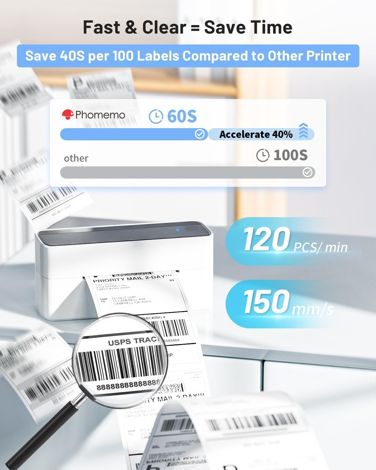 Phomemo Shipping Label Printer - 241BT 4X6 Wireless Thermal Label Printer, Bluetooth Thermal Label Printers for Small Business, Compatible with iPhone, Android, Amazon, Shopify, UPS（Black）