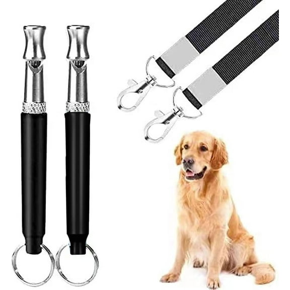 Dog Whistle to Stop Barking, Adjustable Pitch Ultrasonic Training Tool Silent Bark Control for Dogs-2 Free Lanyard Strap with Pack of 2 PCS Pet Whistle, black-2