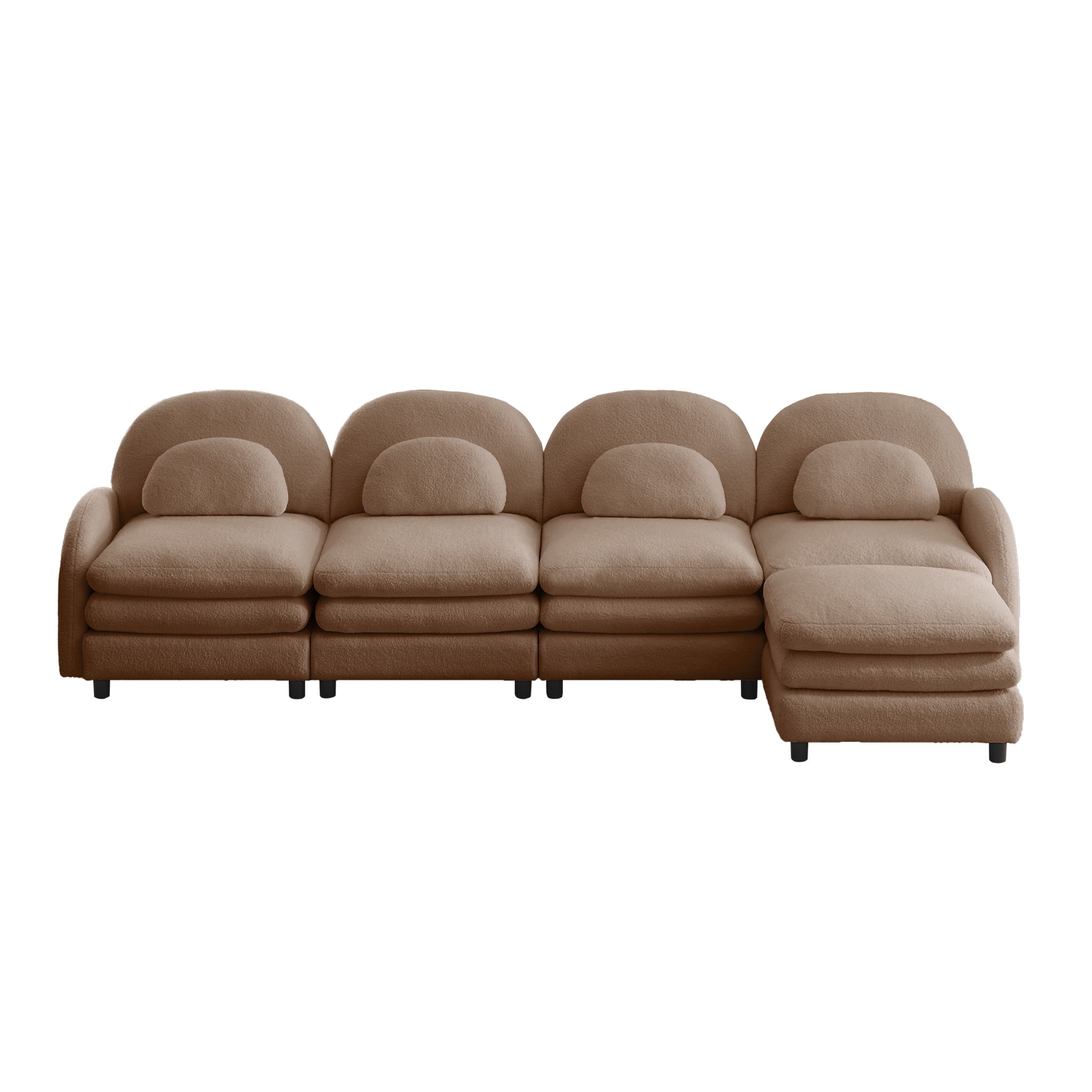 Noble House Windsor Teddy Fabric 4-Seater Sectional Sofa, Modular Cloud Couch with Ottoman and Lumbar Pillows, Camel