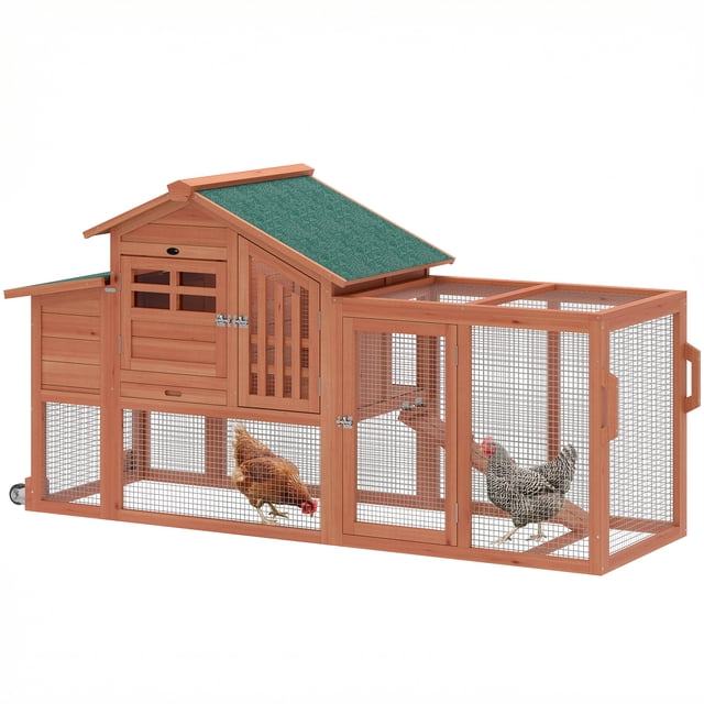 PawHut Chicken Coop with Run, Mobile Wooden Chicken House with Nesting Box