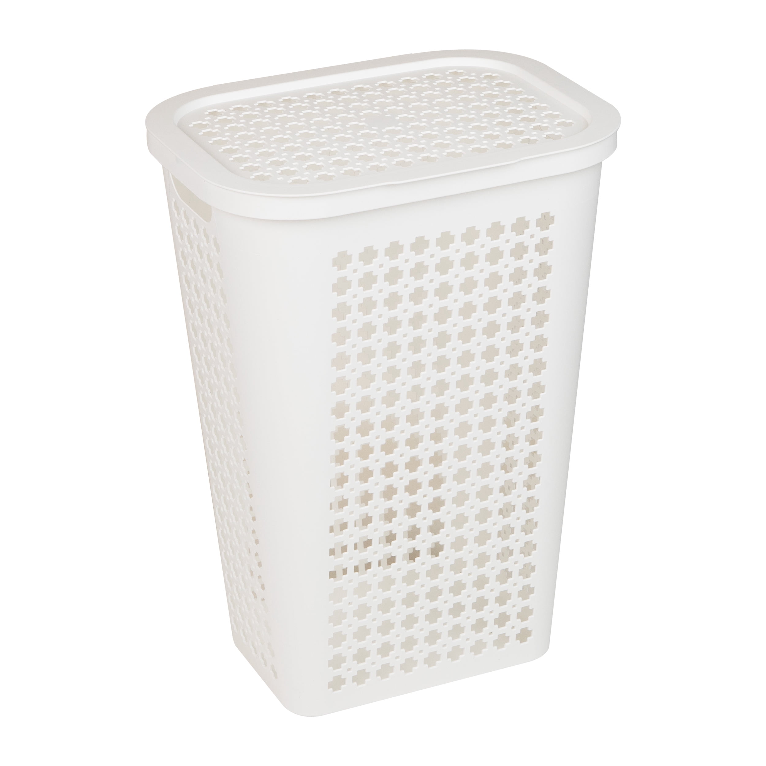Mind Reader Plastic Tapered Laundry Hamper with Lid, Clothes Basket with Swiss Cross Cut-Outs, White