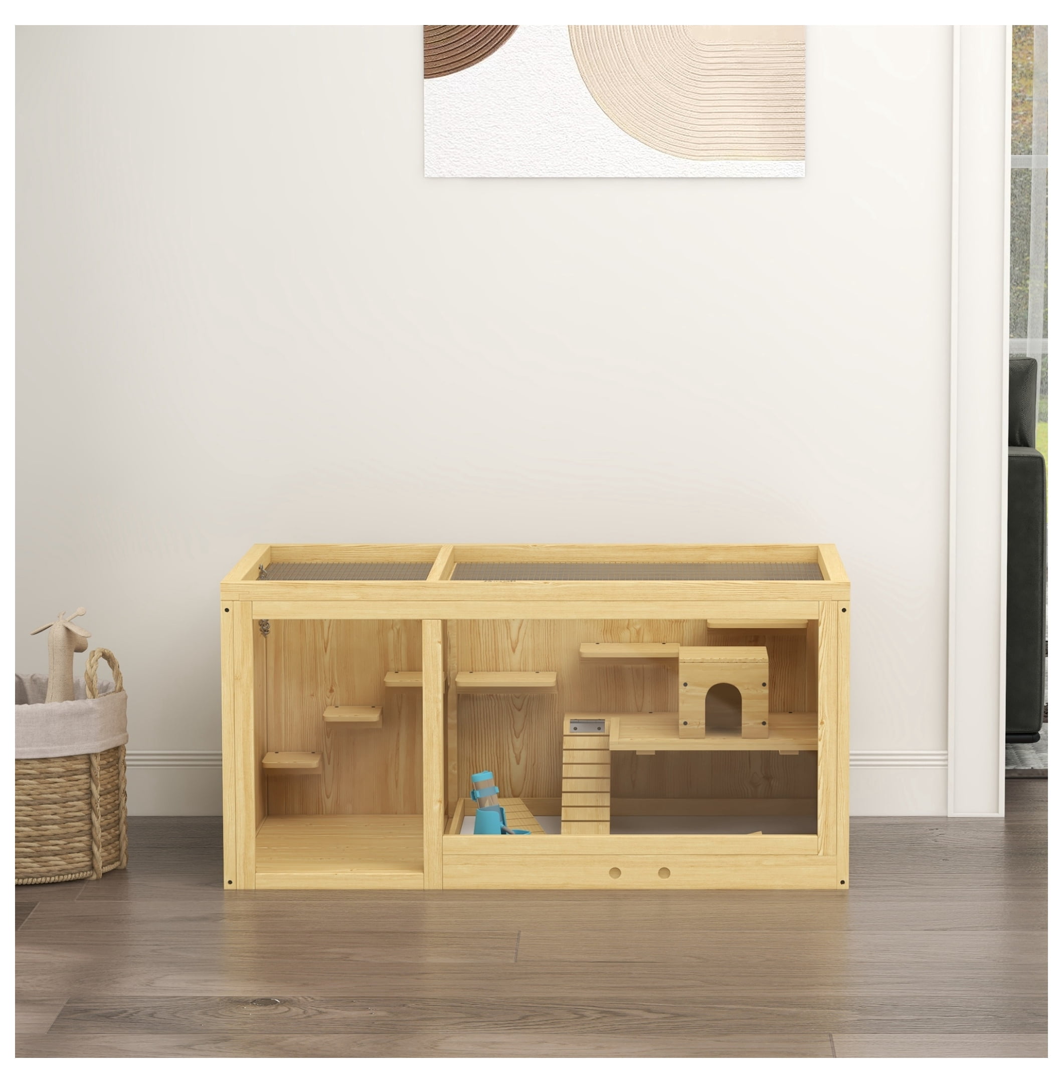 Wooden Hamster Cage, Large Gerbil Habitat, Multi-Level Small Animal Cage w/Tray