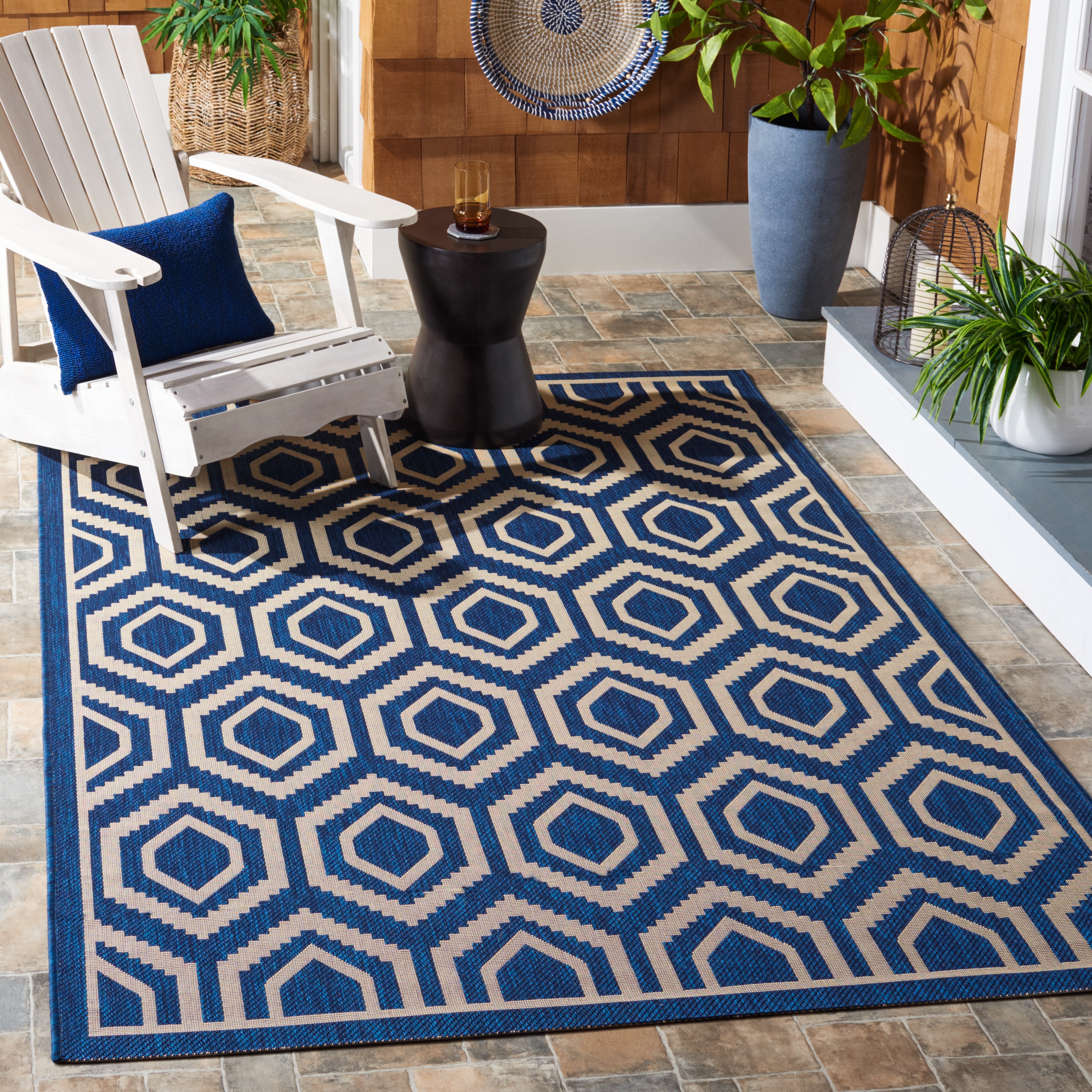 Safavieh Courtyard Amelia Geometric Indoor/Outdoor Area Rug, Navy/Beige, 5'3" x 5'3" Square