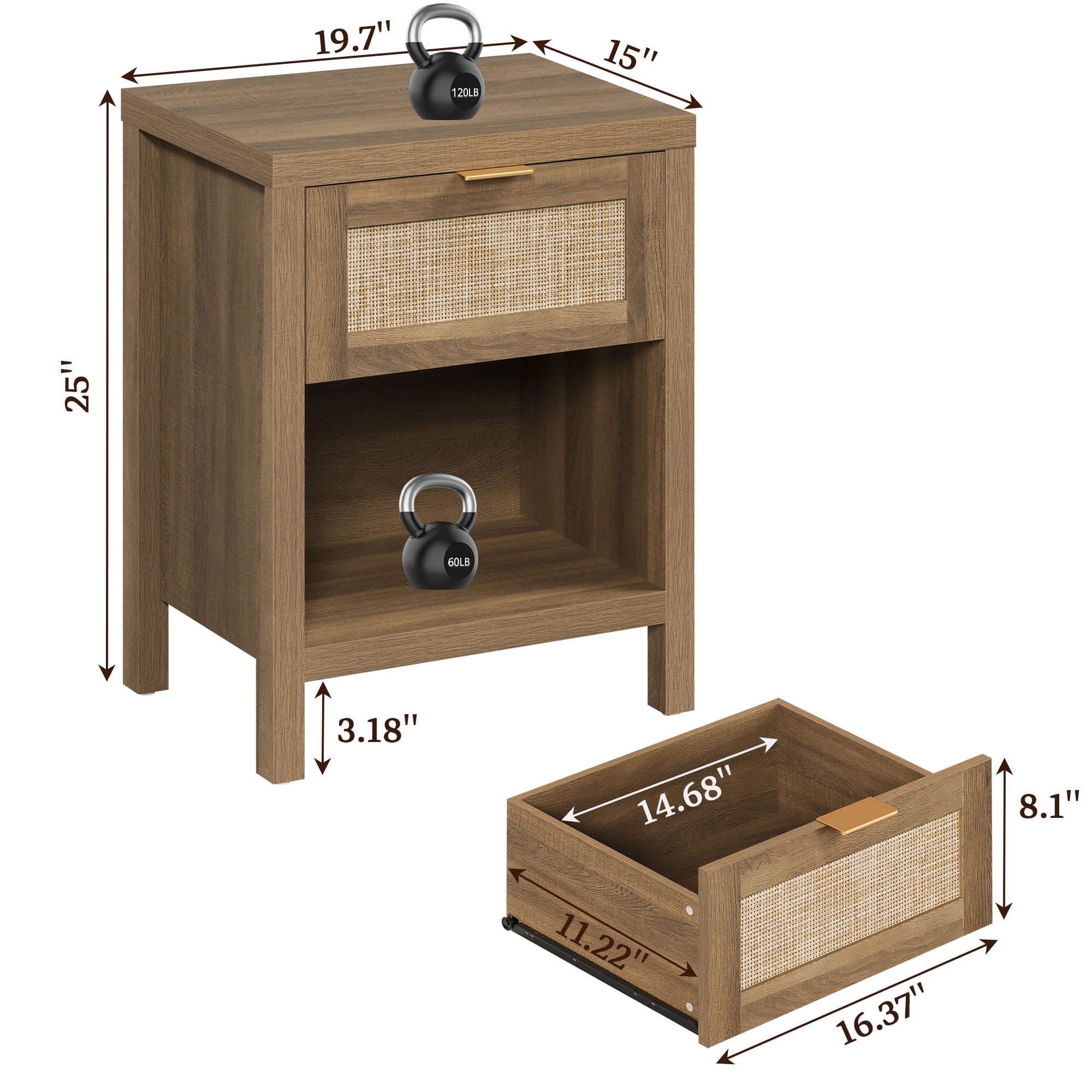 SICOTAS Rattan Nightstands Set of 2 with Drawer and Storage, Bedside Tables
