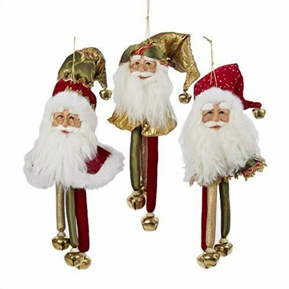 Kurt Adler Red, Green And Gold Santa Head With Bells Ornament Set OF 3