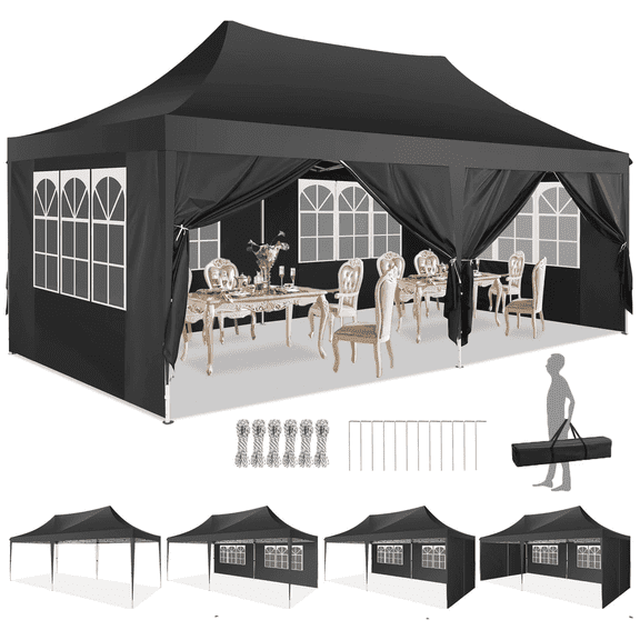 HOTEEL 10x20 Gazebo Canopy Tent with 6 Netting Sidewalls,Pop up Canopy for Parties Wedding,Commercial Easy up Gazebo with Carry Bag,UV 50 ,Black