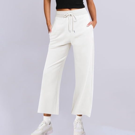 ctdiral Women's Wide Leg Pants High Waist Drawstring Sweatpants Joggers with Pockets Casual Loose Fit Lightweight Straight Trousers White L