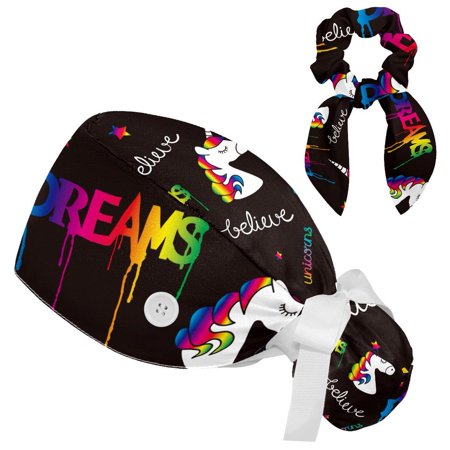 

Working Cap with Buttons and Sweatband Scrub Hat Bouffant Caps with Scrunchie Unicorn Tie Back Hats