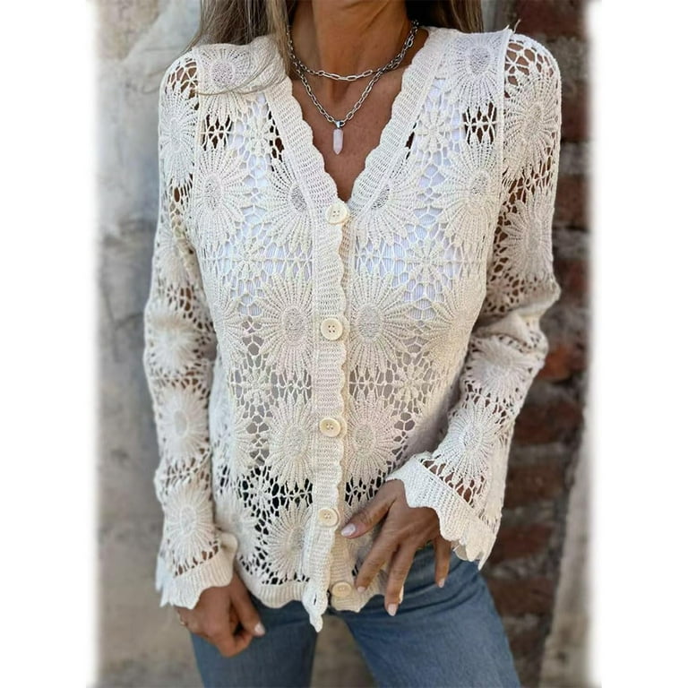 Women's Boho Crochet Knit Sweaters Long Sleeve Button Down Tops