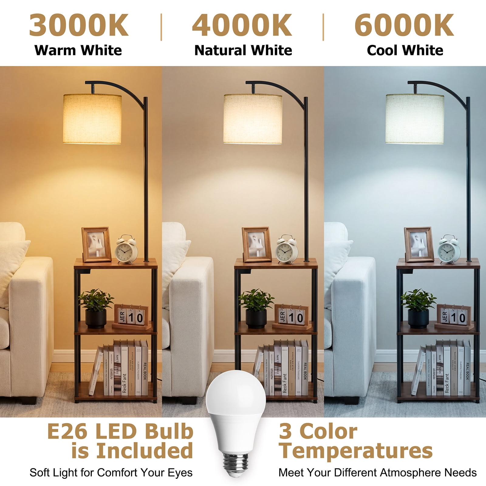 Vesteel Floor Lamp with Table, End Table with Charging Station(USB & Type-C & AC Port), Shelves Side Table with 3 Color Temperature LED Bulb, Nightstand Lamp for Living Room, Bedroom