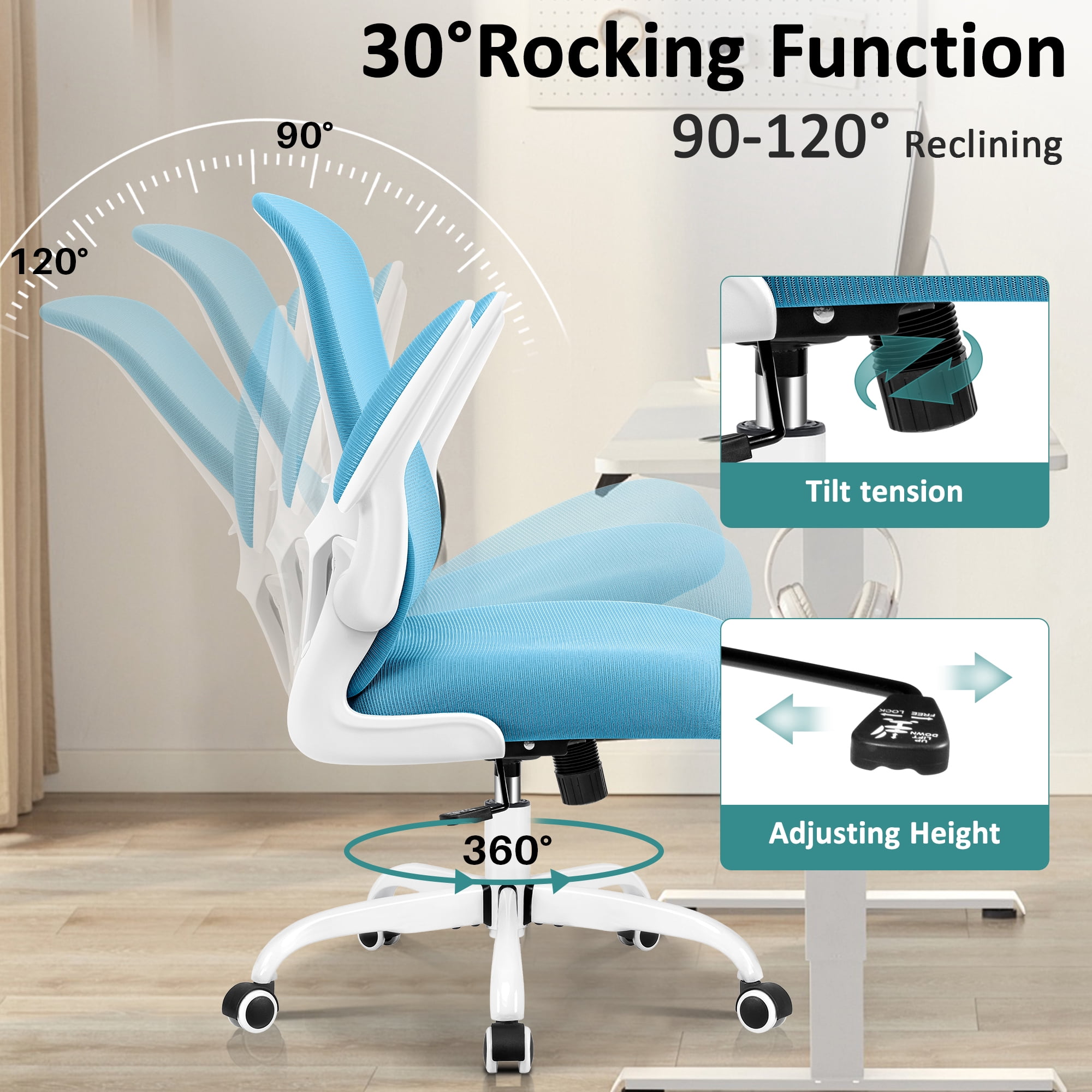 COOLHUT Office Chair, Ergonomic Desk Chair with Adjustable Lumbar Support, High Back Mesh Computer Chair with Flip-up Armrests-BIFMA Passed Task Chairs, Executive Chair for Home Office，Blue
