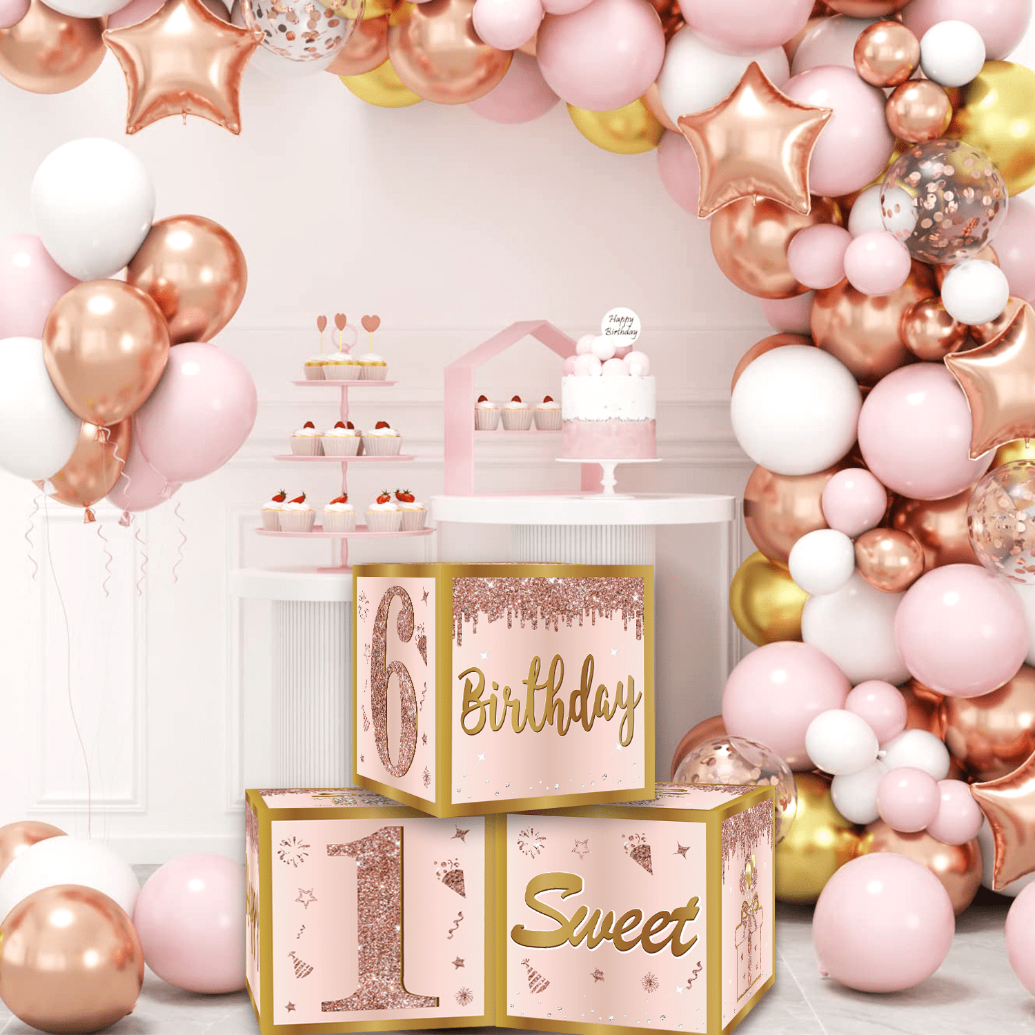Happy Greetings Sweet 16 Party Decorations Kit for Girls, Rose Gold 16th Birthday Boxes, Balloon, Birthday Banner & Party Supplies Set for Women - 44 PCS