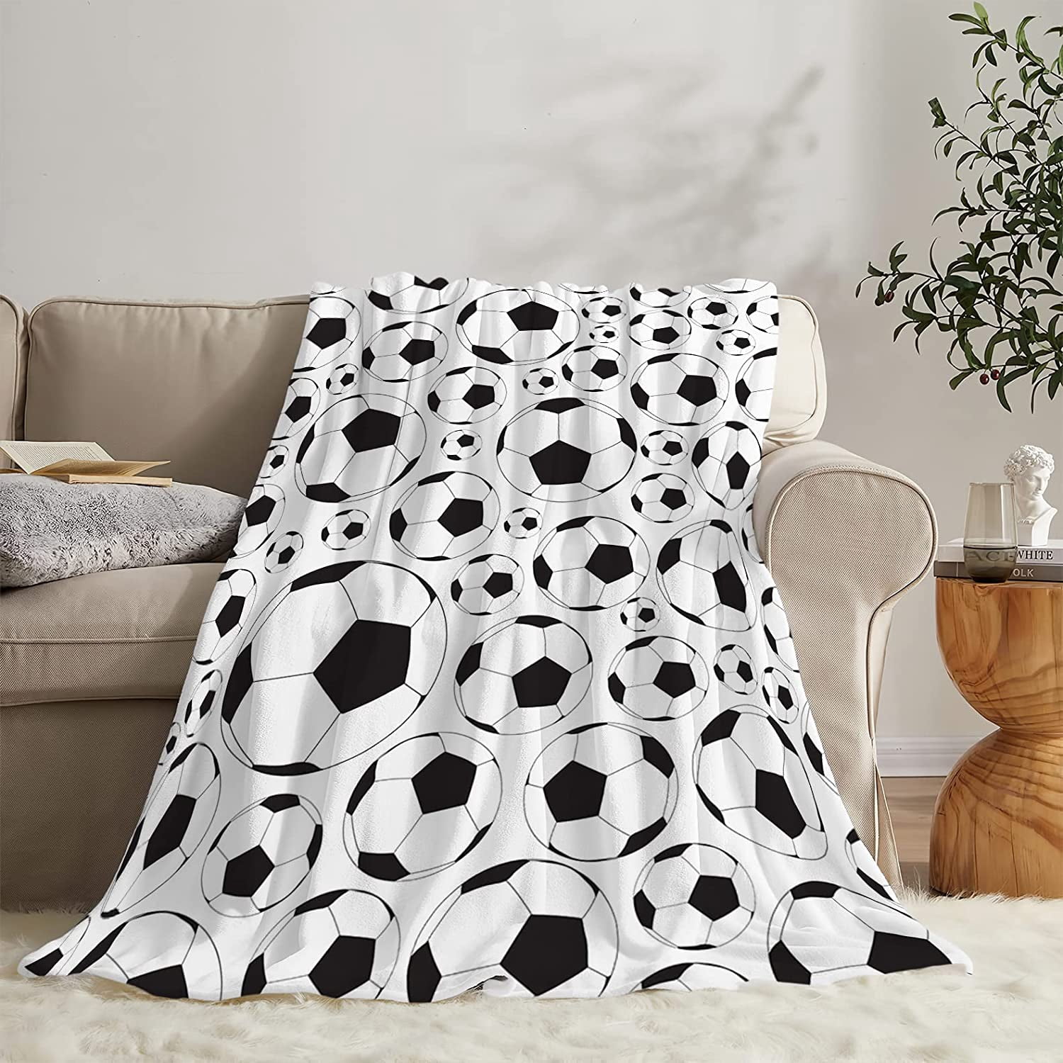 Soccer Blanket for Boys Girls Super Soft Warm Soccer Ball Throw Blankets Black and White Soccer Blanket Soccer Gift for Kids Teens Fans 50"X60"