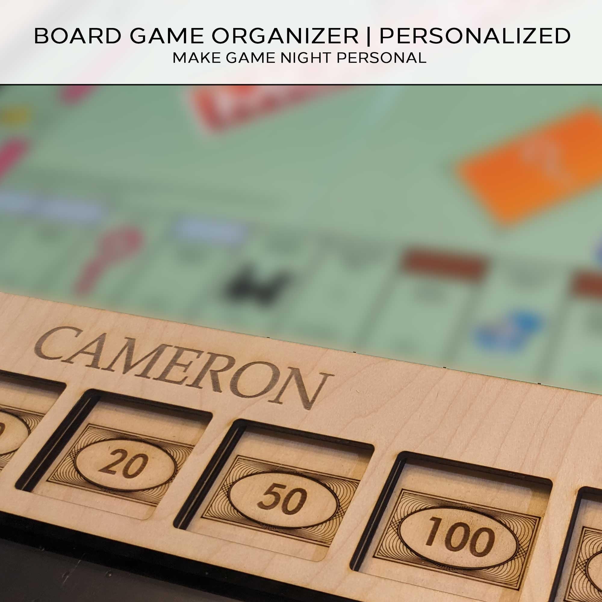 Custom Board Game Frame Personalized Game Board Organizer Compatible with Monopoly Board Game and Monopoly Game Pieces | Economic Themed Game Organizer | Complete Set | Red Oak