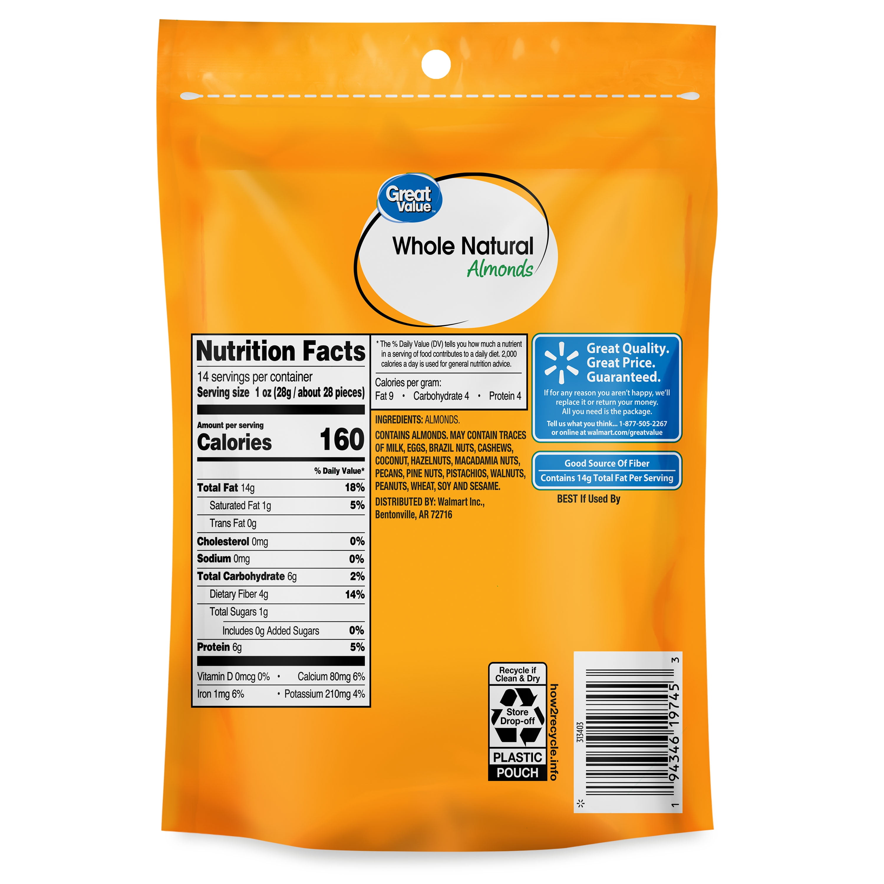 Great Value Whole Natural Almonds, 14 oz