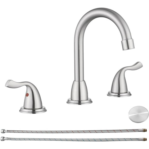 Bathroom Faucets for Sink 3 Hole Brushed Nickel 8 inch Widespread Bath Sink Faucet with Drain Double Lever Handle Vanity Basin Mixer Tap with Hose&Deck