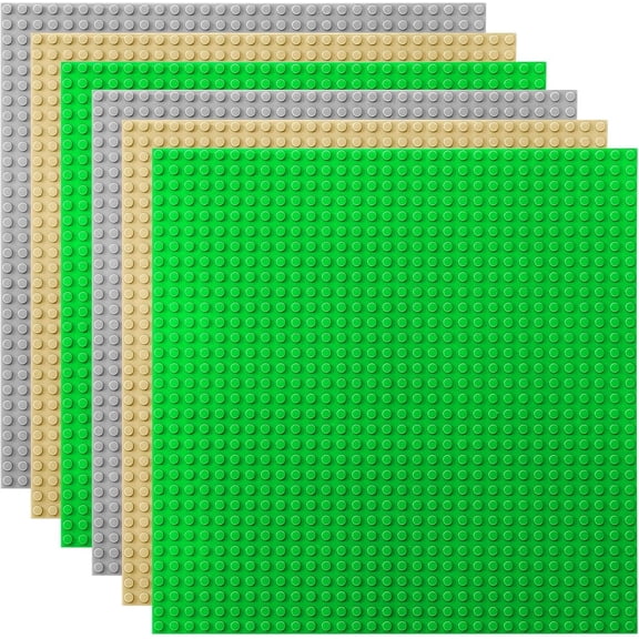 Classic Baseplates 10"x10" Large Building Board Base Plates 100% Compatible with All Major Brands, 6 Pack,For Kids Over Three Years Old,Green/Light Grey/Sand