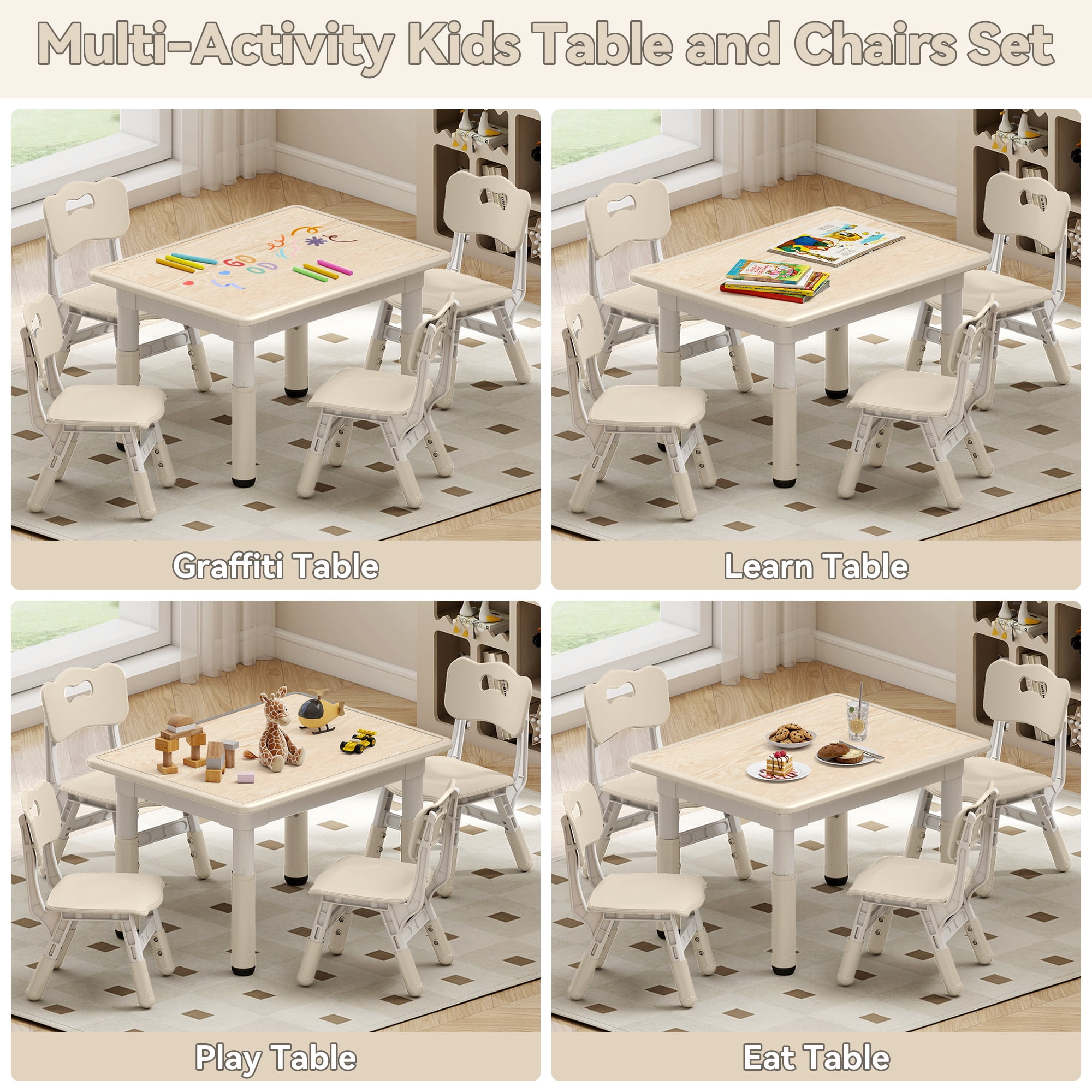 DOREROOM Height-Adjustable Kids Table and 4 Chairs Set, Graffiti Desktop, 31.5''L x 23.6''W Children Activity Table for Daycare, Classroom, Home