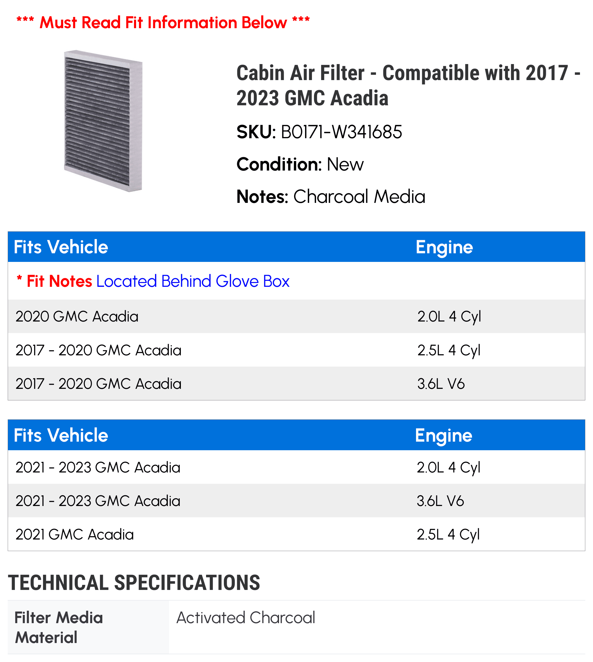 Cabin Air Filter - Compatible with 2017 - 2023 GMC Acadia 2018 2019 2020 2021 2022
