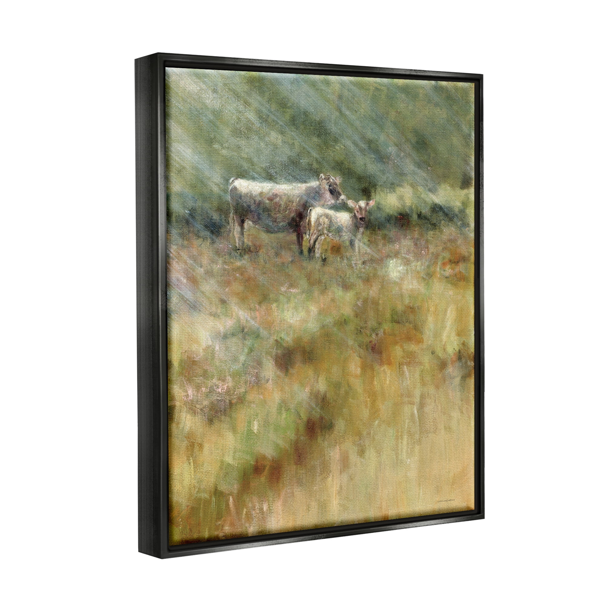 Stupell Sunlit Cattle Grazing Field Landscape Painting Black Floater Framed Art Print Wall Art