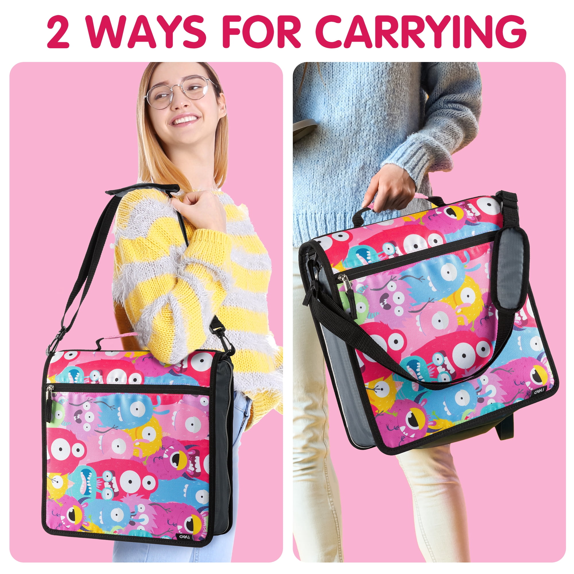 Deli Zipper Binder 3 inch 3 Ring 700 Sheet Capacity Multi-Pocket Waterproof Binder with 5-Color tabbes, Shoulder Strap and Handle，Assorted Color