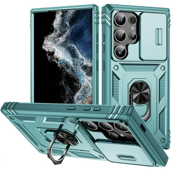 Case for Galaxy S24 Ultra, Camera Cover Phone Case with Rotation Ring Stand for Samsung Galaxy S24 Ultra - Green