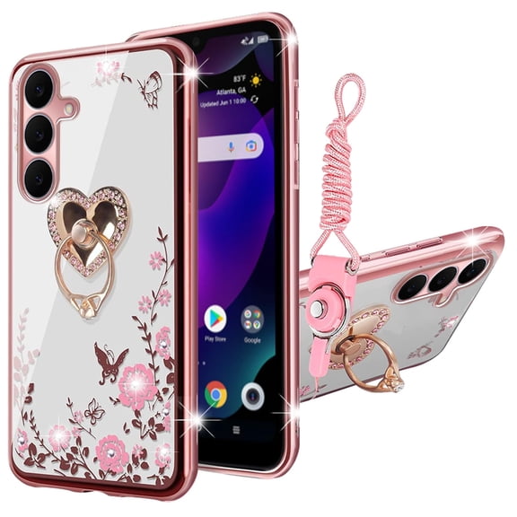 nancheng Cute Case for Samsung Galaxy S25 FE/S26 FE Girls Women Flower Clear Phone Case, Pink TPU Bumper Shockproof Protetion Cover with 360° Rotatable Ring Kickstand Lanyard, Rose Butterfly