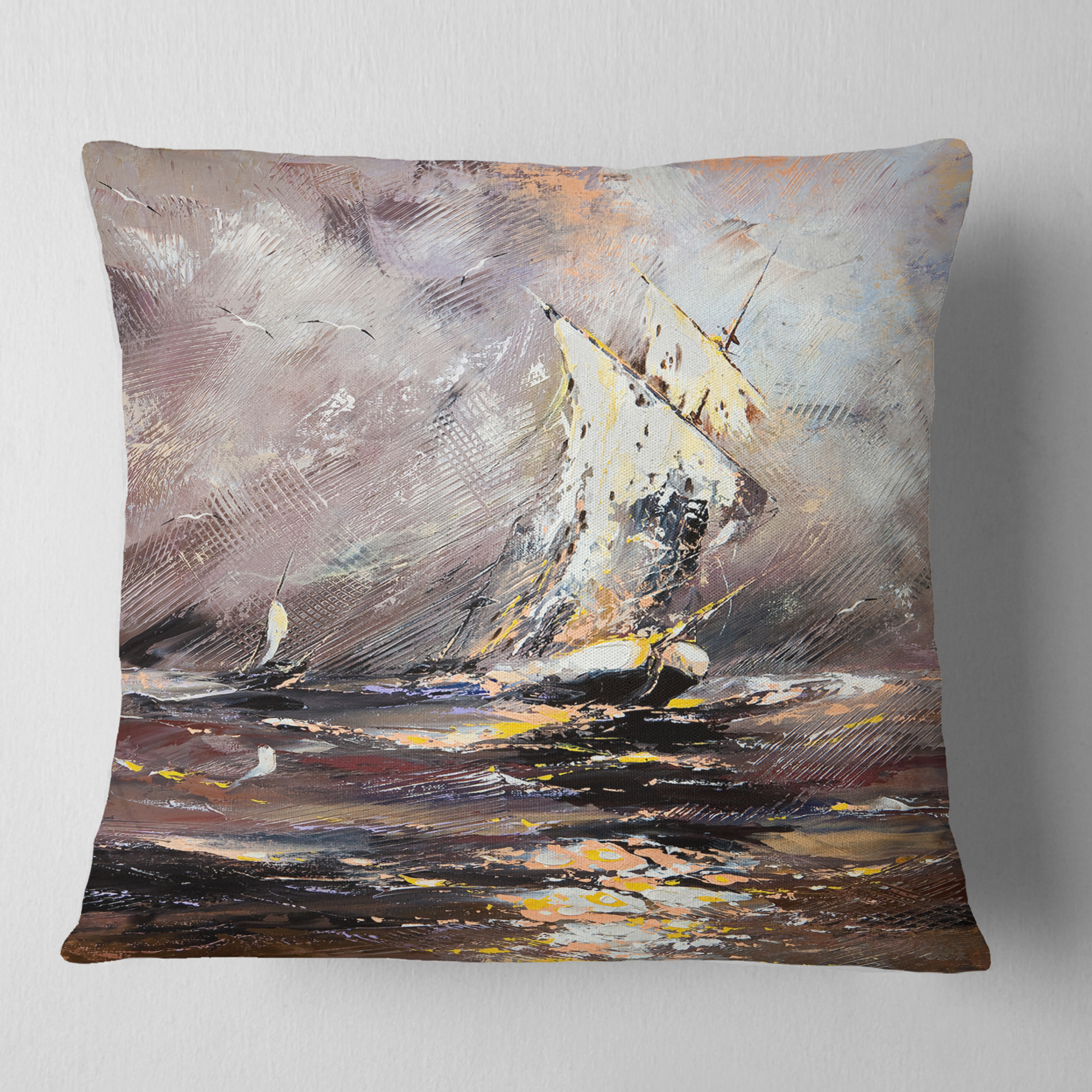 Designart Vessel in Stormy Sea - Seascape Throw Pillow - 18x18