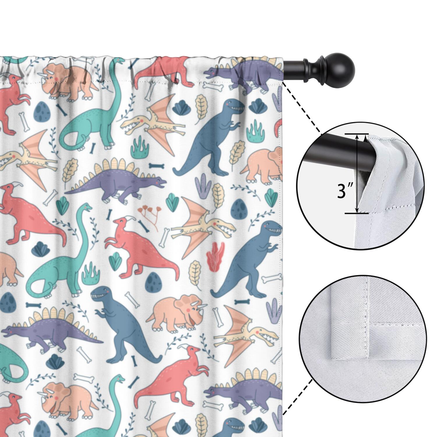 Funny Window Curtains for Kids Room - 42Wx63H Inch 2 Panels, Rod Pocket Colorful Cartoon Dinosaur Patterns for Boys Bedroom Decor Preschool Classroom Curtains Playroom Living Room Window Drapes