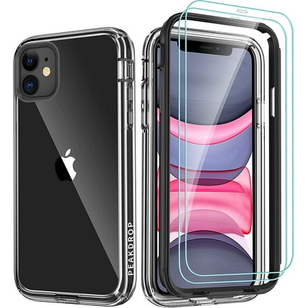 PeakDrop Compatible with iPhone 11 Case, Clear Full Body Heavy Duty Protective Case Transparent Cover Designed for iPhone 11 (2X Glass Screen Protector Included) (6.1 inch, 2019) - Black