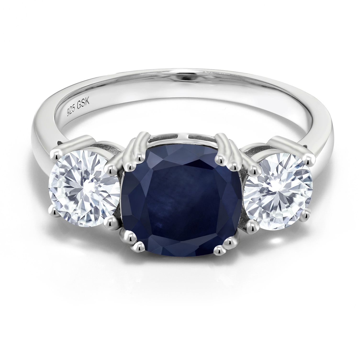 Gem Stone King 3.82 Cttw Blue Sapphire and White Moissanite 3 Stone Engagement Ring for Women | 925 Sterling Silver | Gemstone Birthstone | Cushion 8MM and Round 5MM| Size 8