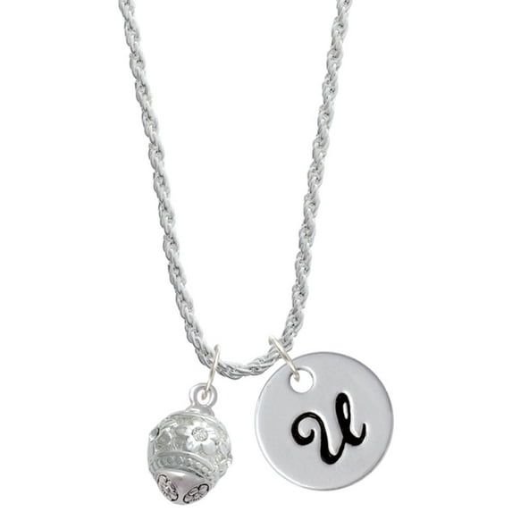 Delight Jewelry Silvertone Raised Flowers with Clear Crystals on Barrel Spinner Silvertone Script Initial Disc - U - Charm Necklace, 20"+3"