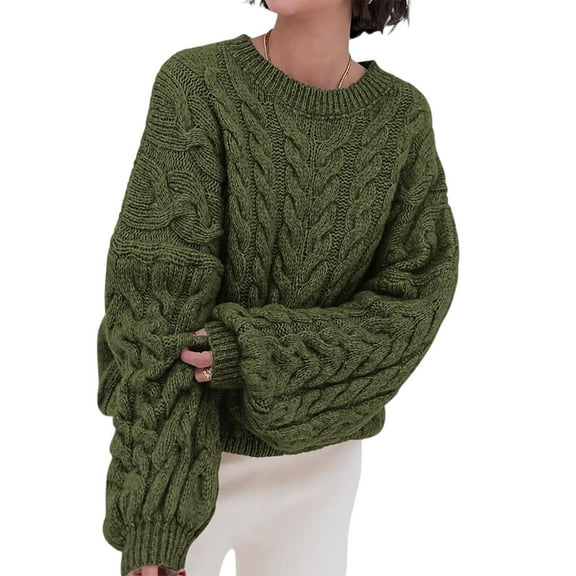 Womens Cable Knit Sweater Pullover Fall Outfits Crew Neck Long Sleeve Loose Fit Textured Pattern Soft Chunky Knitwear Top Army Green L