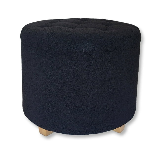 ITY International - Pouf Rond/ Repose-Pieds avec Rangement, Tissu Peluche, 18 Pouces x 16 Pouces, Noir