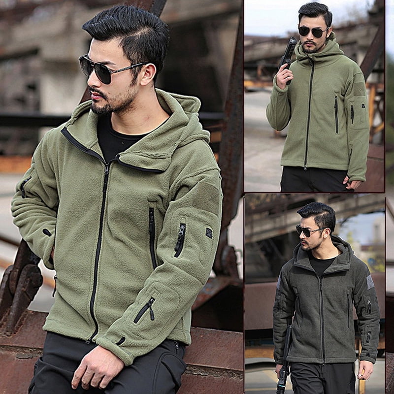 Mens Recon Tactical Army Hoodie Fleece Outer Thermal Hooded Top Zip Jacket Coat 