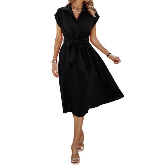 NAYTOAO Womens Casual Midi Dresses Solid V Neck Short Sleeve Button Shirt Belted Dress with Pockets for Spring Summer 2026