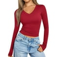 thumbnail image 2 of BAODANN Women's Solid Color V Neck T Shirt Hot Girl Slim Long Sleeve Shirt Top Layering Long Sleeve Shirt Women T Shirts for Women Thin Long Sleeve Shirt Running Top Women Women's Tops Summer, 2 of 4