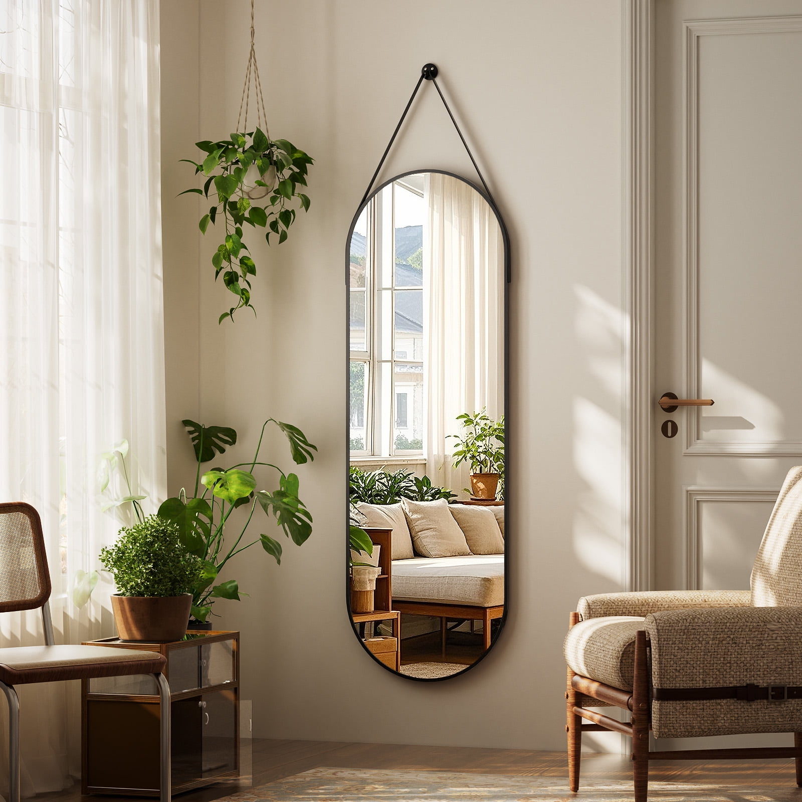 BEAUTYPEAK 48" x 16" Full Length Mirror Oval Hanging Wall Mirror with Leather Strap,Black