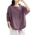 thumbnail image 2 of Busydd Womens Tops Plus Size M-4XL Casual Solid Color 1/2 Length Sleeve Summer Tops for Women Trendy Peasant Round Neck Cotton Linen Shirts Spring Loose Going Out Tops for Women, 2 of 6