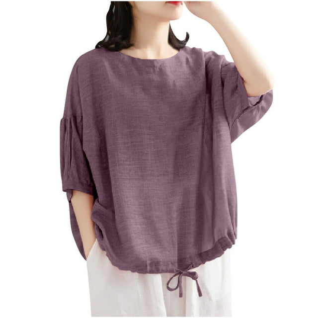 Timegard Womens Tops Round Neck 3/4 Sleeve Drawstring Loose Lightweight Casual Solid Color Blouse Top