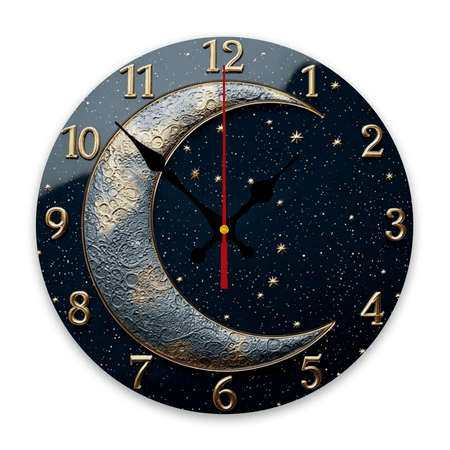 Wooden Wall Clock - Modern Astronomy-Themed - Silent Non-Ticking Quartz Movement - Moon Phase Star Indicator - Celestial Calendar Clock for Living Room, Bedroom, Office (AA Battery Not Include