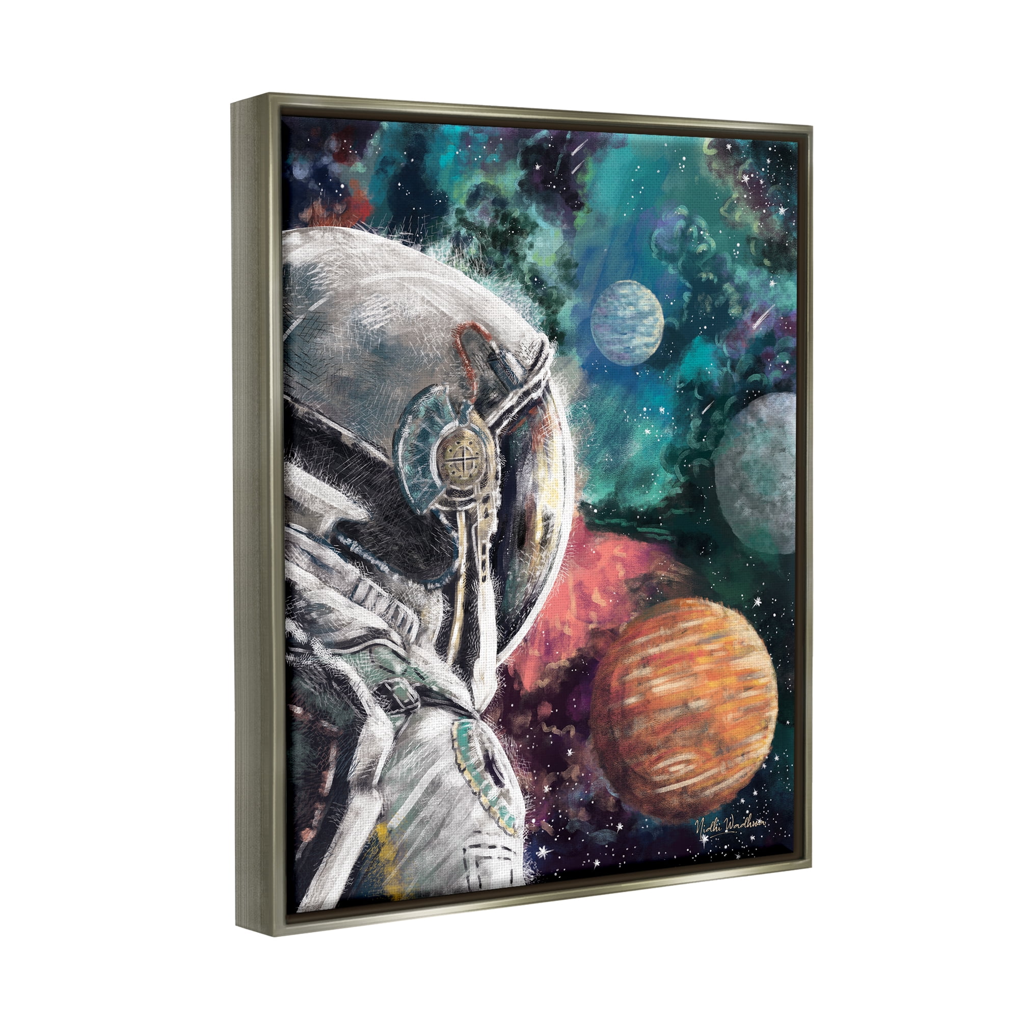 Stupell Industries Astronaut & Outer Space Novelty Painting Gray Floater Framed Canvas Art Print Wall Art, 17 x 21