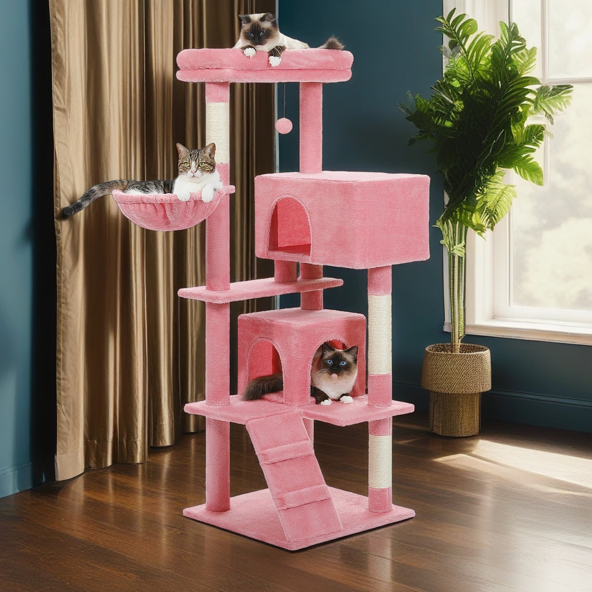 Kadyn 56" Cat Tree Tower for Indoor Cats, Cat Tree House for Multiple Cats with 2 Cozy Condos, Top Perch, Hammock, Climbing ladder and Dangling Ball, Dark Gray