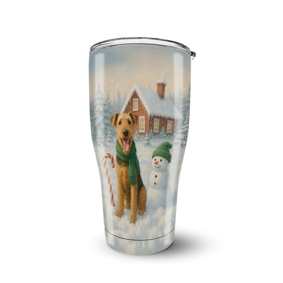 Hello Winter Vintage Airedale Terrier Enjoys Snowy Day with Snowman 30oz Stainless Steel Tumbler Insulated Cup with Lid Dale Waterside Dog Lover - 12019