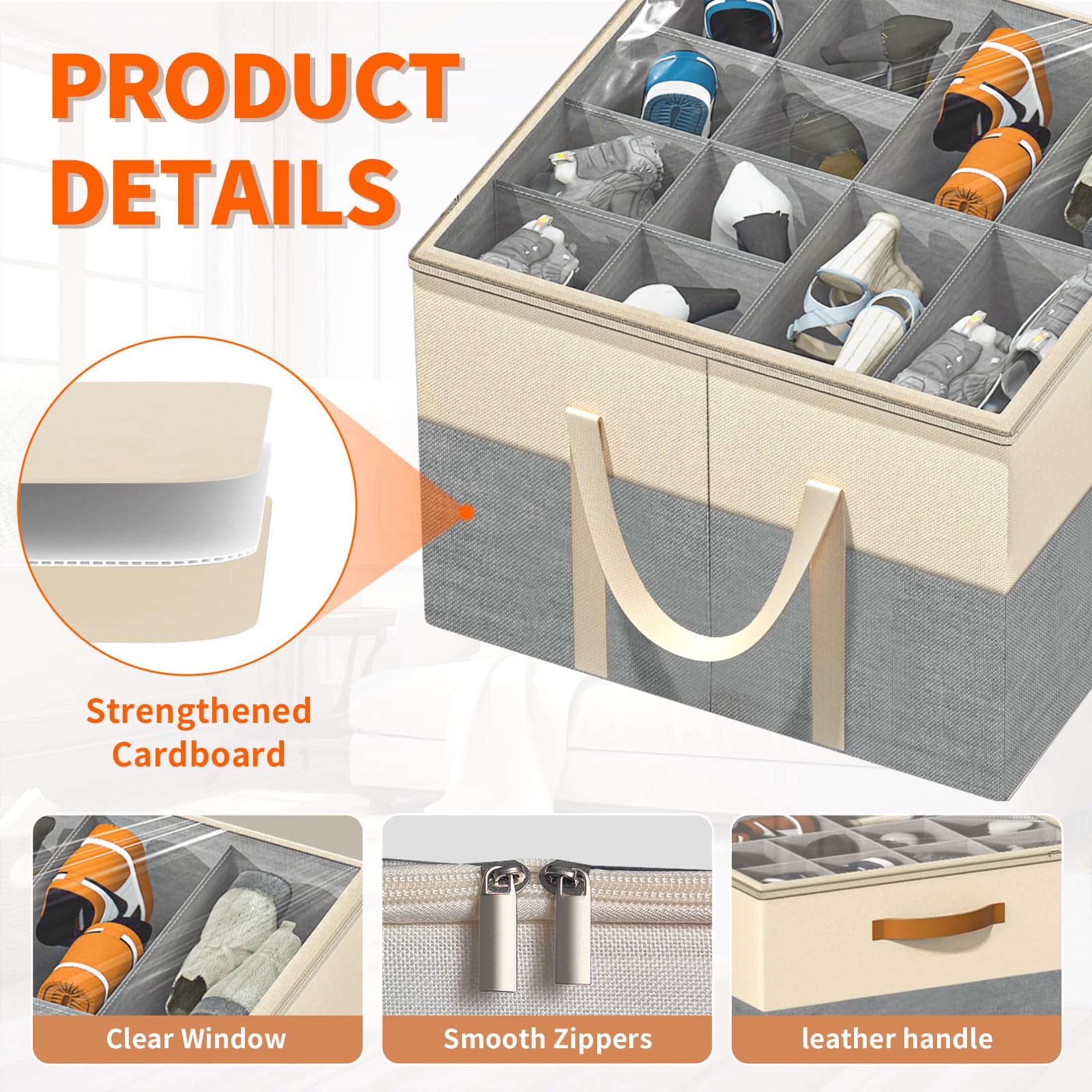 Aokeyee Shoe Storage for Closet, 2 Pack Shoe Box Organizer Containers with Clear Cover and Reinforced Handles, Fits 16-32 Pairs, Beige and Grey